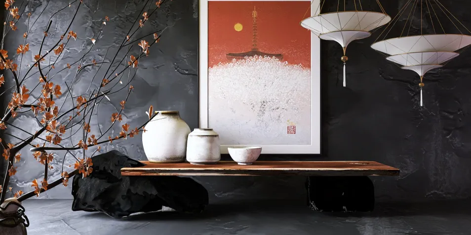 Stylish ceramic vases and bowls arranged on a wooden table with artistic wall decor in a modern Japanese interior design, showcasing Homestyler's material library feature for texture selection.