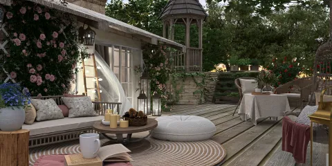 cozy outdoor seating arrangement featuring a circular wooden table and stylish cushions, enhancing the charm of a garden space with rustic decor, utilizing Homestyler's real-time 3D rendering for design showcases.