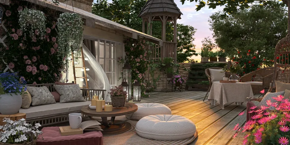 outdoor seating area with cozy sofa and floral decorations showcasing a tranquil garden design, featuring smart furniture arrangement using Homestyler's real-time 3D rendering for a serene daytime atmosphere.