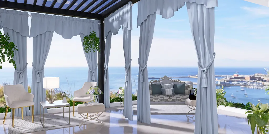 a large balcony overlooking a beach with a view of the ocean 