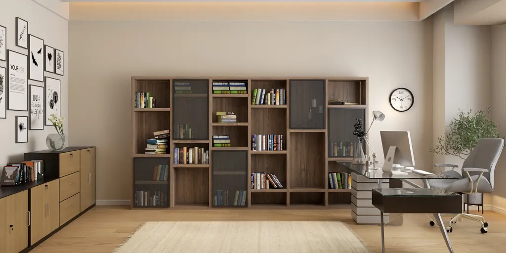 a living room with a desk and a book shelf 