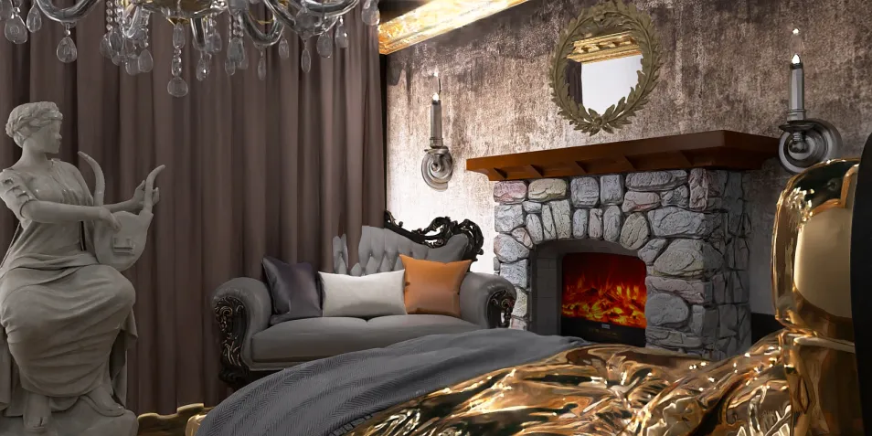 luxurious bedroom design featuring classical sculptures and a stone fireplace, creating an elegant atmosphere; the interior decor highlights sophisticated elements and textures, using Homestyler's real-time 3D rendering for design visualization.