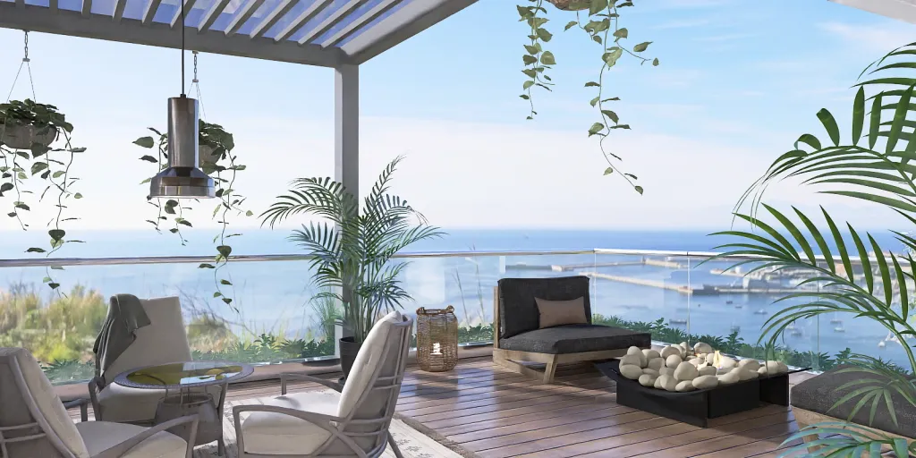 a large patio with a balcony overlooking a beach 