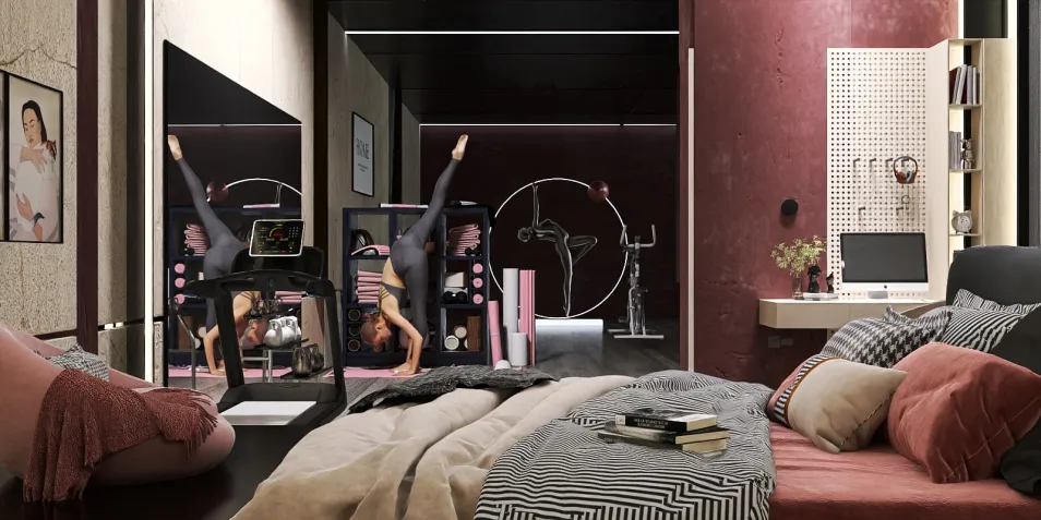 Cozy bedroom with workout area showcasing fitness equipment, designed to optimize small space functionality with smart furniture layout, highlighting Homestyler's real-time 3D rendering feature.