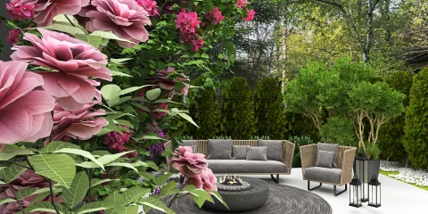 outdoor seating area with modern furniture and floral decor showcasing a relaxing atmosphere in a garden setting, emphasizing landscape design with Homestyler's real-time 3D rendering feature.