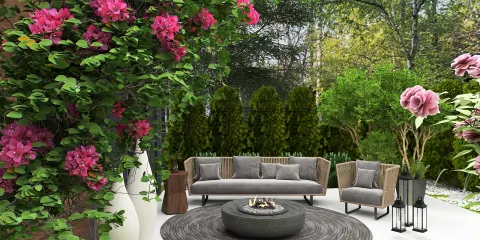 outdoor seating arrangement featuring a modern sofa and chairs surrounded by blooming flowers and greenery in a natural setting, optimizing garden space with Homestyler's real-time 3D rendering.