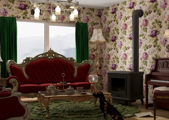Maroon and Green Victorian Parlor Design Rendering