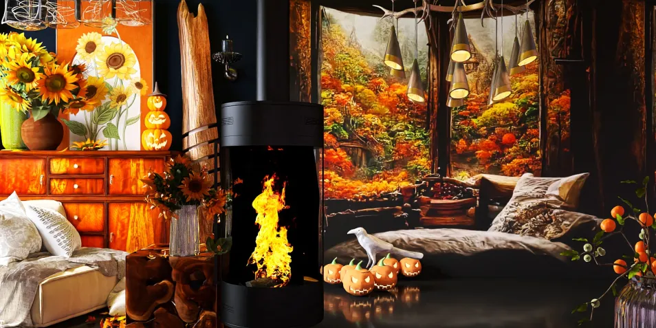 cozy living room featuring a modern fireplace and autumn-themed decor, creating a warm ambiance through the use of seasonal colors and decor elements, highlighting Homestyler's real-time 3D rendering feature for design proposal visualization.