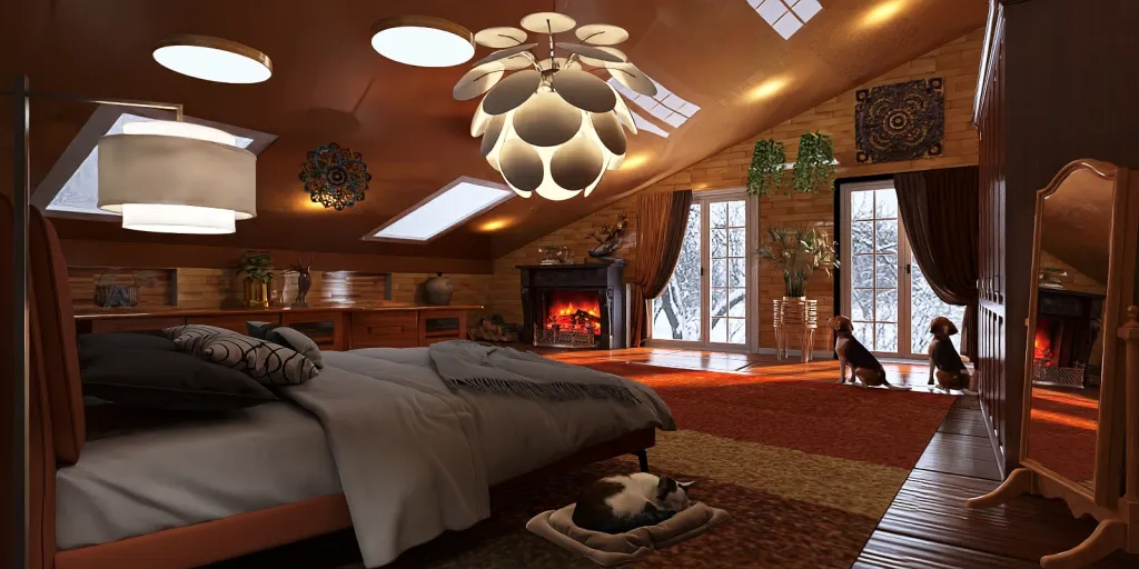 a bedroom with a bed, a lamp, and a window 