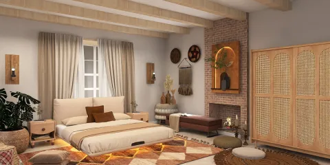cozy bedroom design featuring a wooden bed and decorative elements in a warm, rustic style, optimized using Homestyler's real-time 3D rendering functionality.