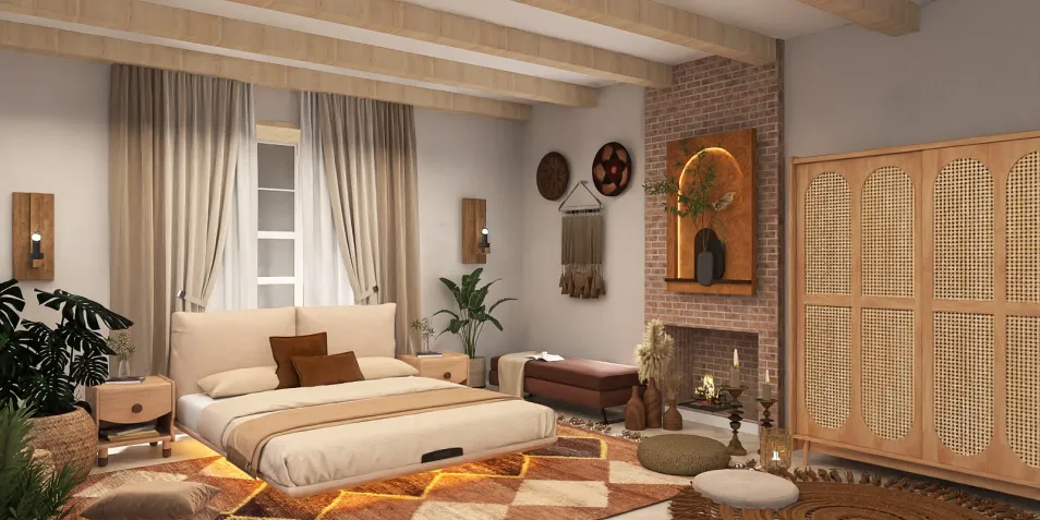 Cozy bedroom featuring wooden beams and earthy tones with soft bedding, showcasing interior design for a relaxing atmosphere, utilizing Homestyler's real-time 3D rendering for an immersive preview.