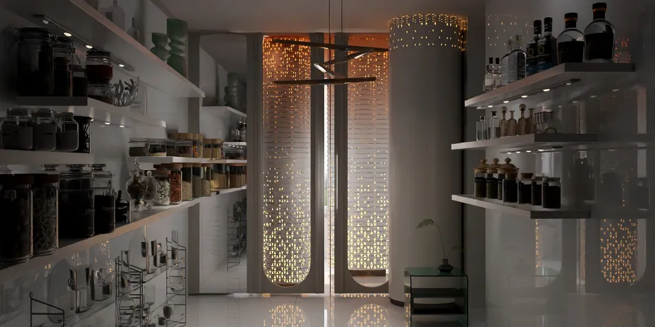 modern pantry design featuring organized jars and bottles with ambient lighting, showcasing efficient space utilization and style, utilizing Homestyler's real-time 3D rendering feature.