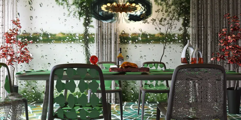 dining area featuring green furniture arrangement with an emphasis on natural elements, designed using Homestyler's realtime 3D rendering for stunning visual previews.