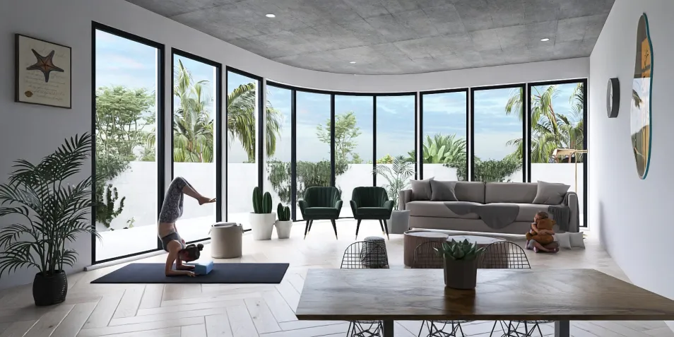 A person performing a headstand in a modern living room with large windows and a view of greenery, showcasing a serene indoor atmosphere, utilizing Homestyler's real-time 3D rendering feature for interior design optimization.