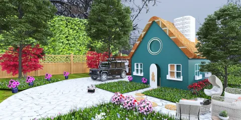 colorful house exterior with landscaped garden and driveway featuring flowers and greenery, showcasing contemporary outdoor design elements and showcasing Homestyler's real-time 3D rendering capabilities.