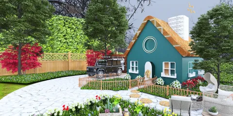 charming house exterior showcasing landscaping design with vibrant flowers and greenery, featuring a modern garden layout; highlights the core functionality of Homestyler's real-time 3D rendering for design proposal presentations.