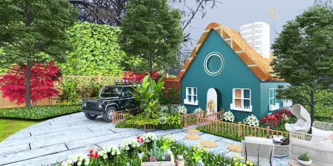 a charming cottage in a landscaped garden setting with greenery, flowers, and a vintage car, showcasing exterior design in a modern rustic style; features Homestyler's real-time 3D rendering for design proposal displays.