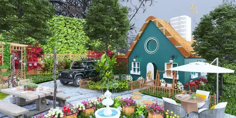 a charming green cottage surrounded by lush greenery and colorful flowers, showcasing outdoor landscaping and garden design, using Homestyler's real-time 3D rendering feature for a vivid preview.