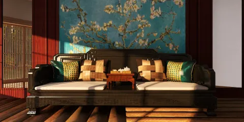 traditional sofa arrangement with decorative pillows in a refined living space featuring an artistic wall mural, showcasing interior design with a focus on luxury and comfort using Homestyler's real-time 3D rendering feature.