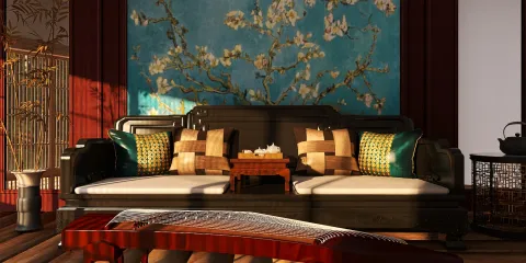 a traditional Chinese living room featuring a wooden sofa with decorative cushions, showcasing an intricately designed wall mural and a traditional guzheng instrument, emphasizing the beauty of cultural interior decor while utilizing Homestyler's real-time 3D rendering feature for design visualization