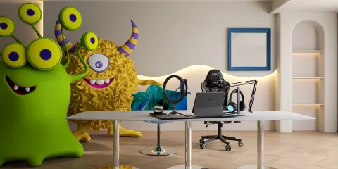 Colorful cartoon monsters adding playful elements to a modern home office design, featuring a sleek desk and gaming chair, enhancing creativity in workspaces with Homestyler's real-time 3D rendering.