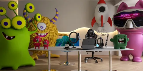 colorful cartoon character decorations in a playful gaming studio design featuring a modern desk setup with gaming equipment in a vibrant style, showcasing the interior design theme of a children's creative space, utilizing Homestyler's real-time 3D rendering feature.