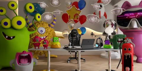 colorful cartoon characters decorating a fun workspace in a playful style, showcasing interior design creativity with Homestyler's real-time 3D rendering feature.