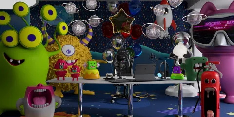 colorful monsters in a playful workspace creating a fun atmosphere for children's interior decor using Homestyler's 3D rendering feature