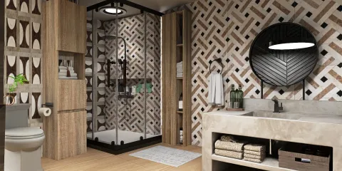 modern bathroom design featuring patterned tiles and wooden accents, showcasing smart furniture arrangement for optimal space usage using Homestyler's 3D rendering feature.