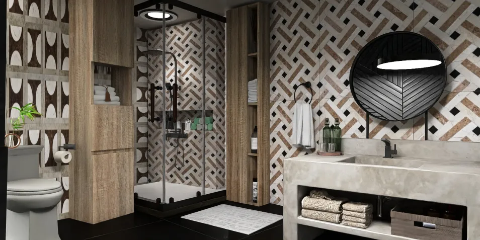 Modern bathroom featuring a stylish shower enclosure and a sleek vanity design, incorporating textured wall finishes. Ideal for showcasing interior decor using Homestyler's real-time 3D rendering functionality to visualize design ideas effectively.