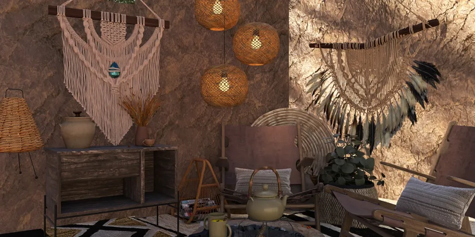 Bohemian living space featuring a cozy seating area with woven decor and ambient lighting, showcasing a creative interior design concept using Homestyler's 3D rendering feature.