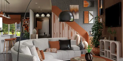 Modern living room design featuring a cozy curved sofa and stylish decor elements, utilizing Homestyler's real-time 3D rendering to visualize the layout and color scheme effectively.