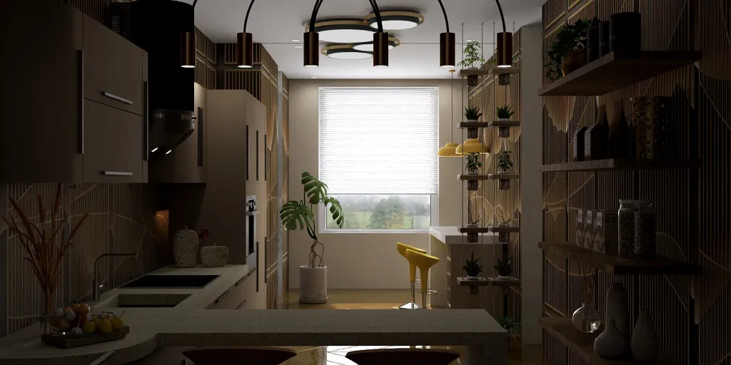 a kitchen with a sink, stove, and a window 