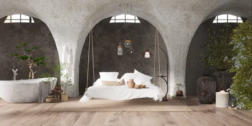 Wabi-sabi bed and bath room 