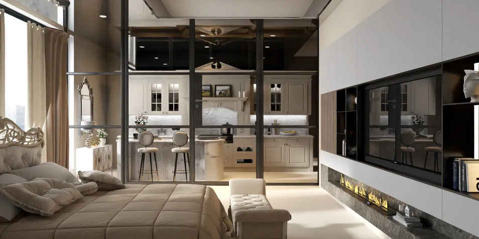 Modern bedroom interior design featuring a cozy bed and stylish furnishings, demonstrating intelligent furniture arrangement to optimize small living spaces using Homestyler's smart furniture placement function.