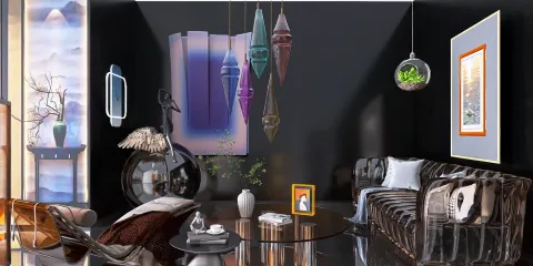 Modern living room featuring stylish furniture arrangement with unique decorative elements, showcasing a sophisticated design aesthetic that enhances space utilization; includes Homestyler's real-time 3D rendering feature for accurate design visualization.