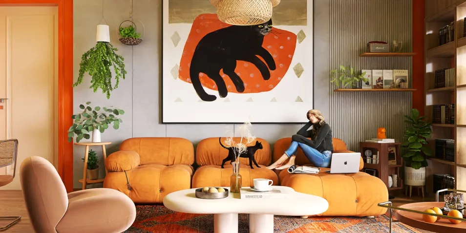 A modern living room featuring an orange sofa and a large wall art with a cat design, showcasing a cozy atmosphere through stylish decor and furniture arrangement in a warm color palette, highlighting the smart furniture arrangement feature of Homestyler.