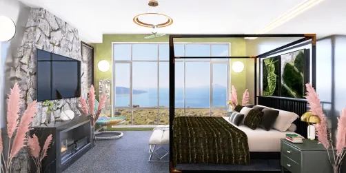Green bedroom with fireplace 