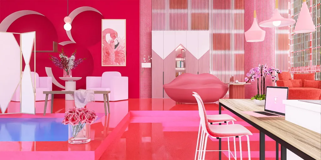 a room with a red table and a pink wall 