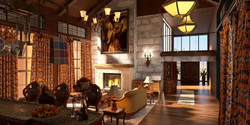 cozy living room design showcasing a classic fireplace and elegant furniture arrangement in a rustic style, featuring a warm ambiance with natural light, utilizing Homestyler's real-time 3D rendering for enhanced visualization.