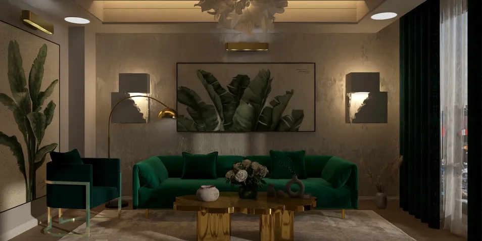 luxurious green velvet sofa arranging with elegant decor in modern style living room showcasing homestyler's real-time 3D rendering feature