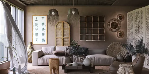 cozy living room design featuring natural materials and earthy tones, showcasing a blend of modern and rustic styles with Homestyler's real-time 3D rendering feature.