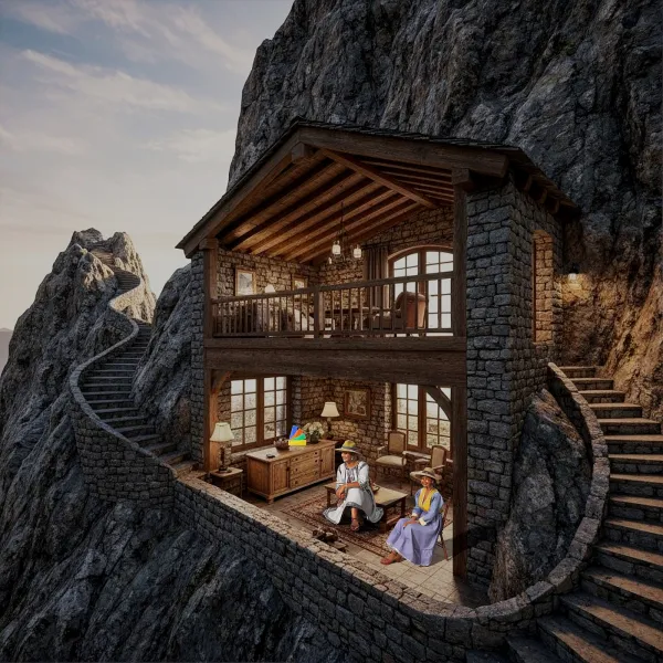 Mountain cabin interior design featuring rustic furnishings, cozy atmosphere, and breathtaking views, utilizing Homestyler's real-time 3D rendering for design proposal presentations.