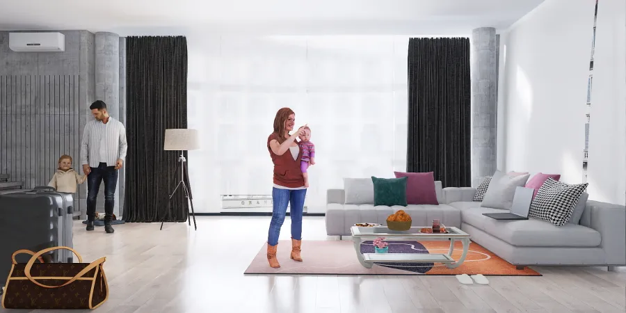 a woman standing in a living room with a tv 