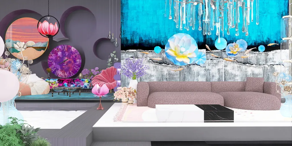 a living room with a couch, a table, and a painting 