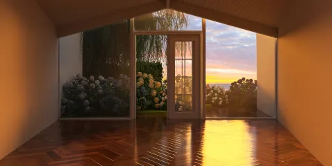 an empty room featuring large glass doors opening to a vibrant garden, showcasing natural light and warmth, modern interior design, implementing Homestyler's real-time 3D rendering for visualizing design proposals