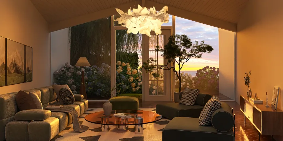 living room with stylish furniture arrangement showcasing modern design in a cozy ambiance with indoor greenery and sunset view, featuring Homestyler's real-time 3D rendering for quick design preview.