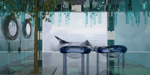 Contemporary interior design featuring transparent chairs, large digital wall art, and greenery, enhancing a modern living space with a minimalist feel; utilizing Homestyler's real-time 3D rendering feature.