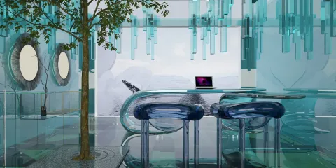 transparent furniture arrangement featuring a glass table and blue chairs in a modern interior design style, showcasing space optimization using Homestyler's smart furniture placement feature.