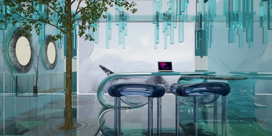 transparent furniture arrangement featuring a glass table and blue chairs in a modern interior design style, showcasing space optimization using Homestyler's smart furniture placement feature.